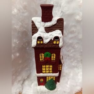 Festive Snow-Capped Holiday Village House - Red and White